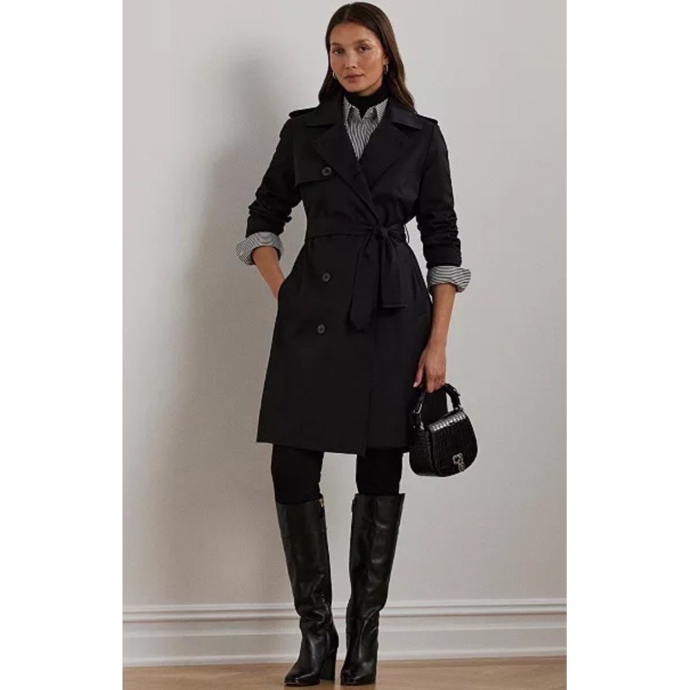 Lauren Ralph Lauren Black Label Trench Coat Black Small Lined NO BELT Preppy